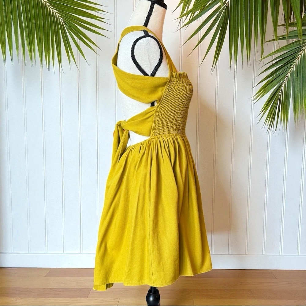 MIOU MUSE Mustard Yellow Linen Blend Crisscross Open Back Dress – Size M - Picture 4 of 16